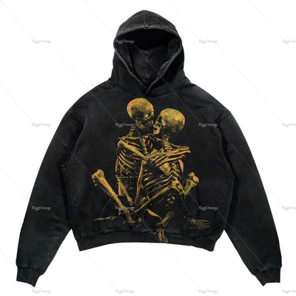 Hip Hop Skull Fire Print Y2k Hoodie Übergroße Streetwear für Frauen