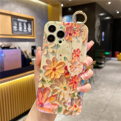 Oil Painting Flower Wirst Strap Holder Phone Case For iPhone Protection Cover