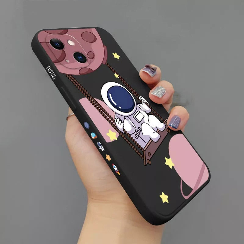 Quadratische Silikonhülle mit Cartoon-Astronauten-Motiv für iPhone Bumper Back Cover