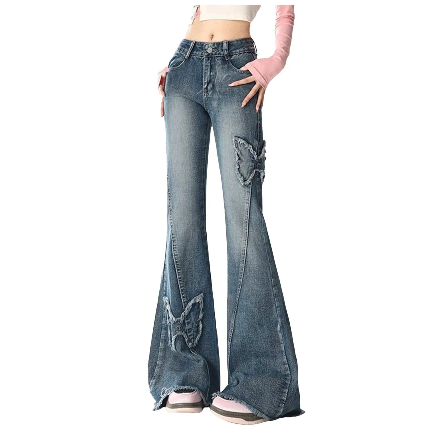 Womens Y2K Flare Jeans High Waist Wide Leg Retro Punk