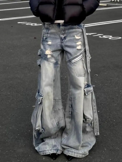 Y2K Grunge High Waist Full-Length Denim Belted Jeans