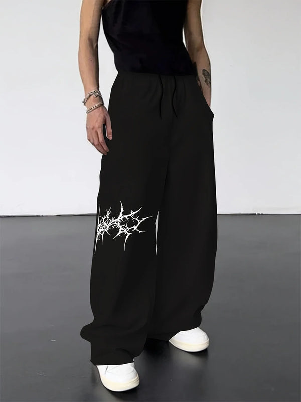 Mens Black Gothic Joggers Text Print Drawstring Sweatpants Streetwear