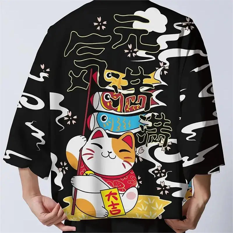 Japanese Kimono Yukata Samurai Man Cat Print Shirt Clothing Harajuku