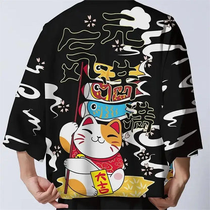 Japanese Kimono Yukata Samurai Man Cat Print Shirt Clothing Harajuku