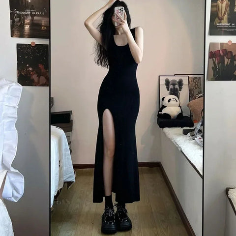 Black Sleeveless Strap Maxi Dress Women Sexy Slim Fit