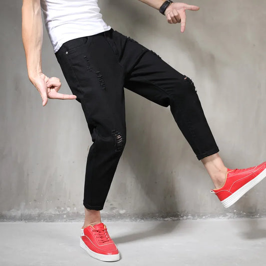 Ripped White Denim Distressed Mens Pants Cowboy Holes