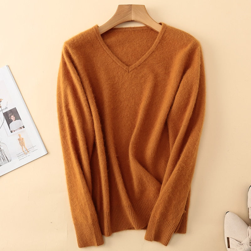 Sweater woman V-Neck Knitted Pullover Mink Cashmere Jumper Female  Soft Super Warm Sweater - xinnzy