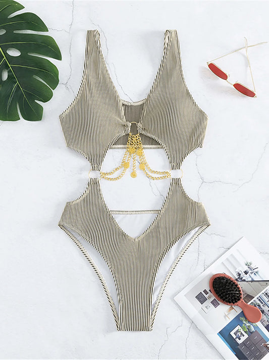 Ribbed Cut Out One-Piece Swimsuit: High Cut with Metal Rings