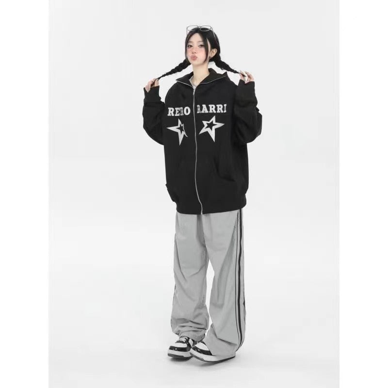 Star Letter Zip Up Sweatshirts Y2K Hoodie Streetwear Hooded Harajuku