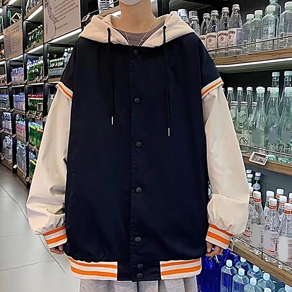 Trendy Pockets Drawstring Patchwork Color Baseball Jacket Coat