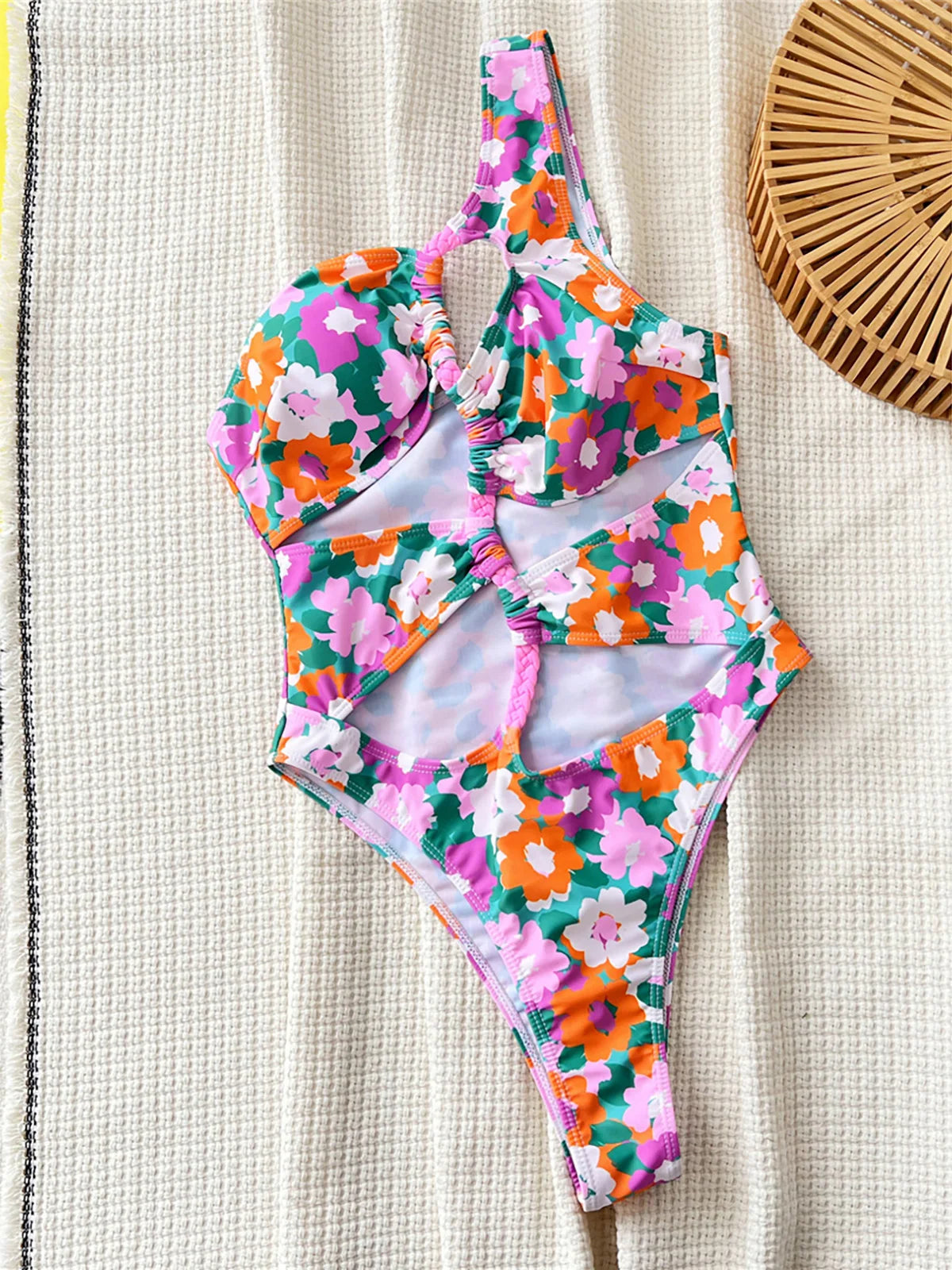 Floral Print Asymmetric Cut Out One Piece Swimsuit