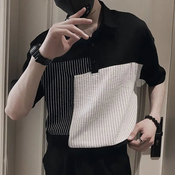Ice Silk Men Short Sleeve Polo T Shirts Striped Spliced Fashion