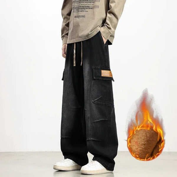 Mens Fleece Lined Wide Leg Jeans Winter Washed Denim Plus Size 8XL