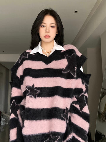 Punk Gothic  Furry Knitted Sweaters Y2K Streetwear Loose Hollow Out Detachable Pullovers Harajuku - xinnzy