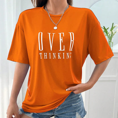 Over Thinking Letter Print Women Cotton Short Sleeve Breathable Vintage O-Neck
