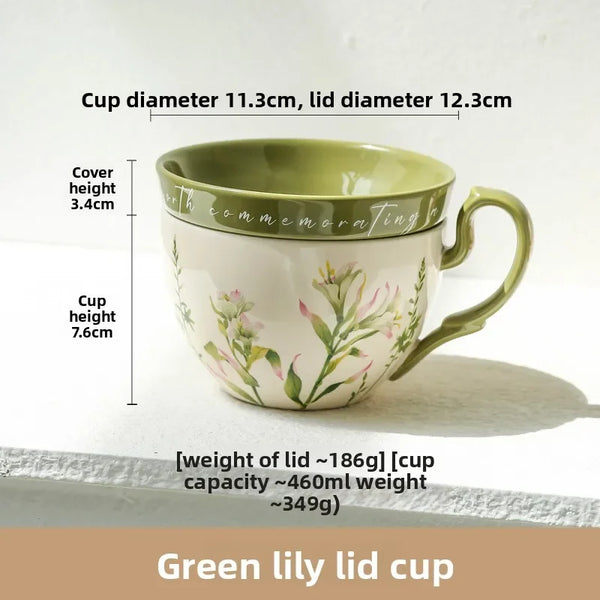 Large Ceramic Mug with Lid Handle Farmhouse Retro Coffee Soup Gift