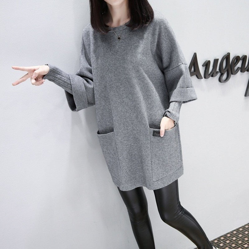 Sweatshirts Loose Drop Sleeve X-long O-Neck Female Pockets