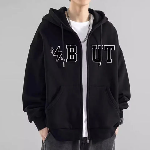 Men's Cotton Zipper Letter Print But Hoodie Oversized Streetwear