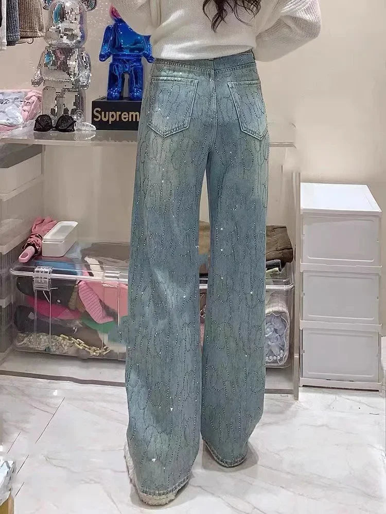 Y2K Rhinestone High Waisted Wide Leg Denim Pants