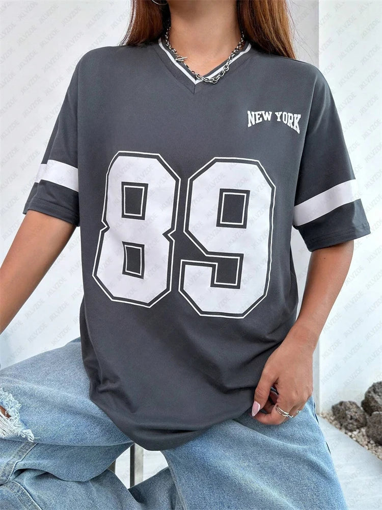 New York 89 Graphic Tee - Women's Harajuku V-Neck Top