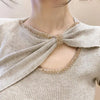 Bow Collar Sweater Women Long Sleeve Pleated Knit Top Fall Winter
