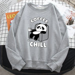 Coffee And Chill Kawaii Panda Print Hoodie Soft Fleece Pullover Loose Warm