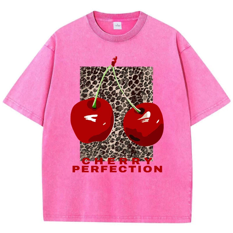Cherry perfection Washed T Shirt Women Cotton Leopard Prints Oversize