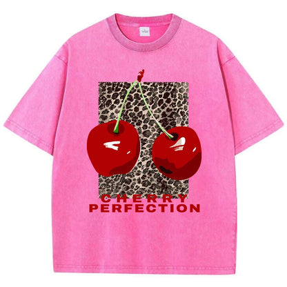 Cherry perfection Washed T Shirt Women Cotton Leopard Prints Oversize