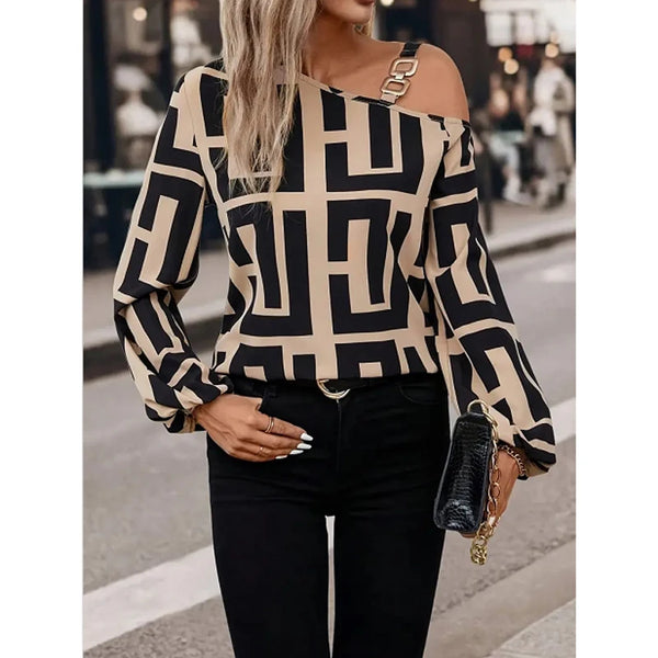 Off Shoulder Geometric Print Blouse Women Long Sleeve Hoodie Top