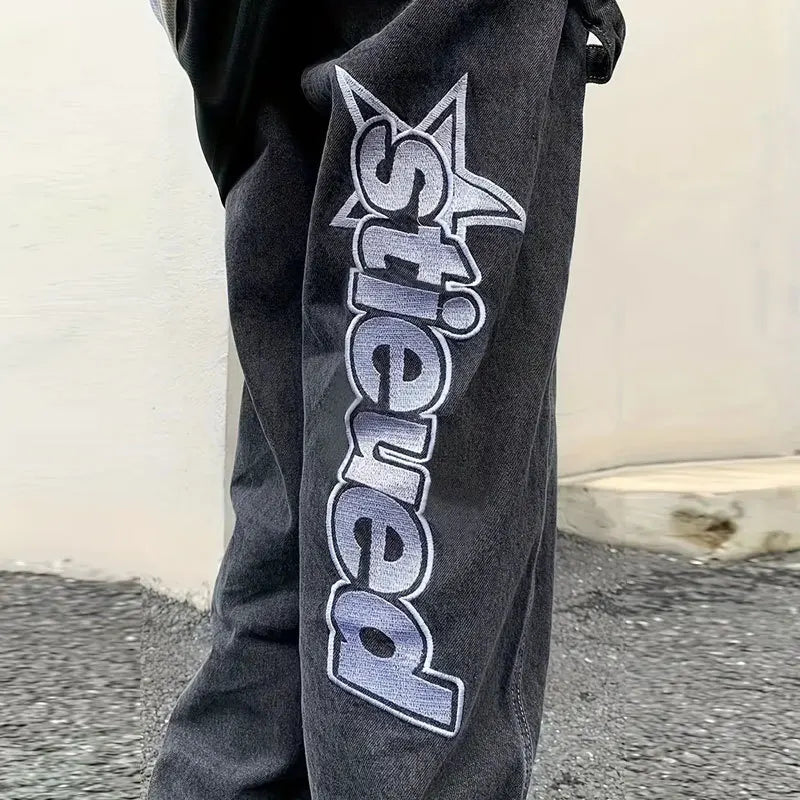 Hip Hop Vintage Letter Print Jeans Men