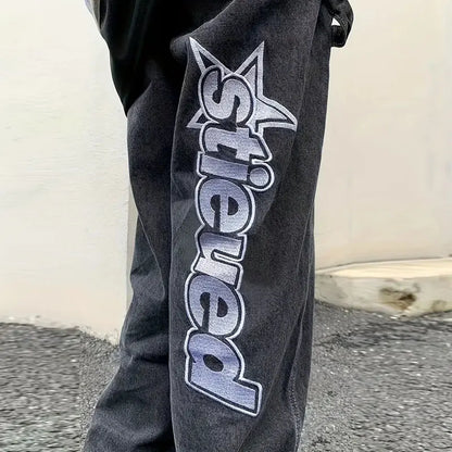 Hip Hop Vintage Letter Print Jeans Men