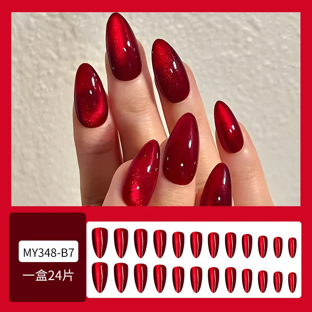 24pcs Glossy Red Cat's Eye Press On Nails Full Cover Wearable Almond