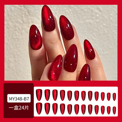 24pcs Glossy Red Cat's Eye Press On Nails Full Cover Wearable Almond