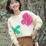 Women Flower Embroidery Knit Sweater Winter Style