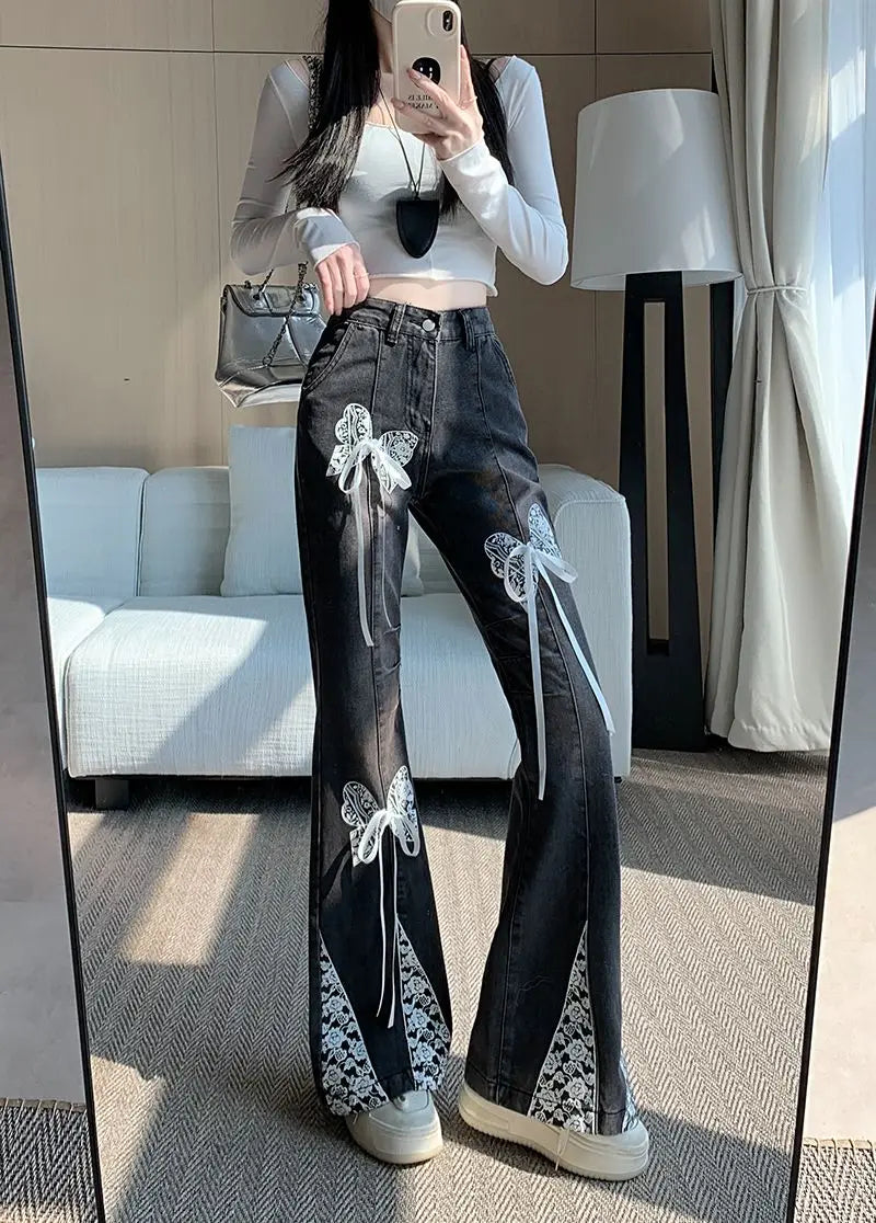 Women's Y2K Bow Lace Patchwork Harajuku Jeans