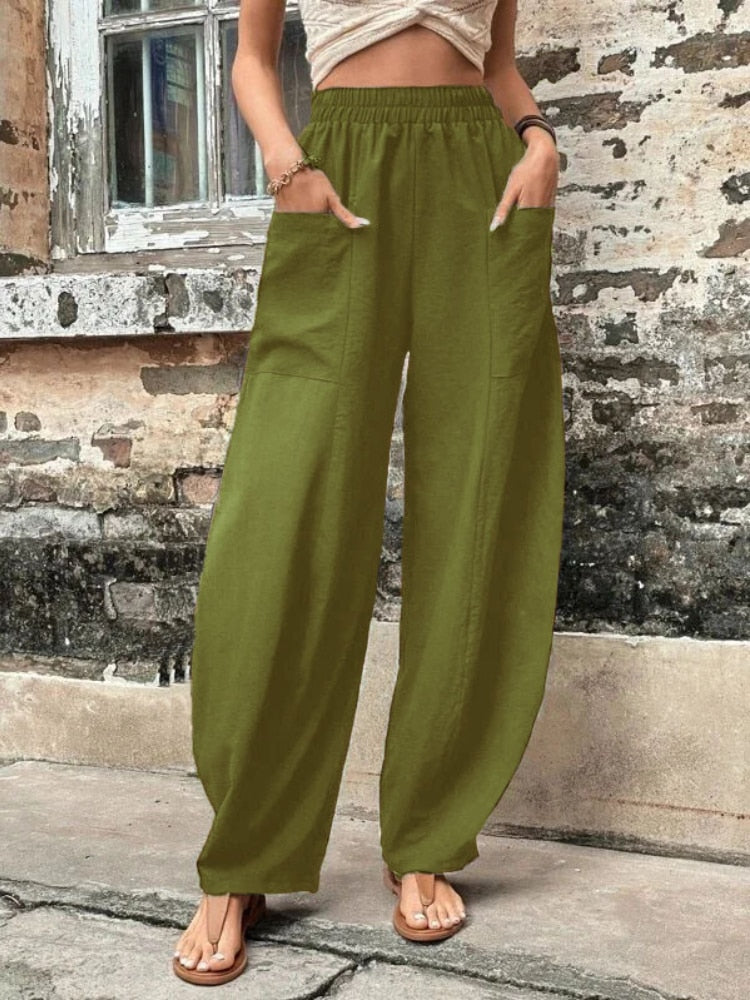 High Waisted Women's Harem Pants with Pockets Casual Beach Baggy Trousers