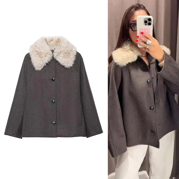 Womens Fur Collar Jacket Button Front Long Sleeve Winter Coat Street