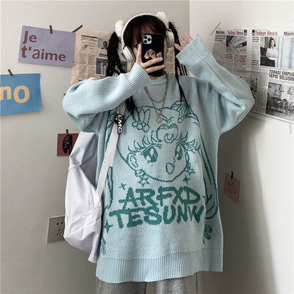 Streetwear women Anime Print Knitted Sweater Long Sleeve Jumper