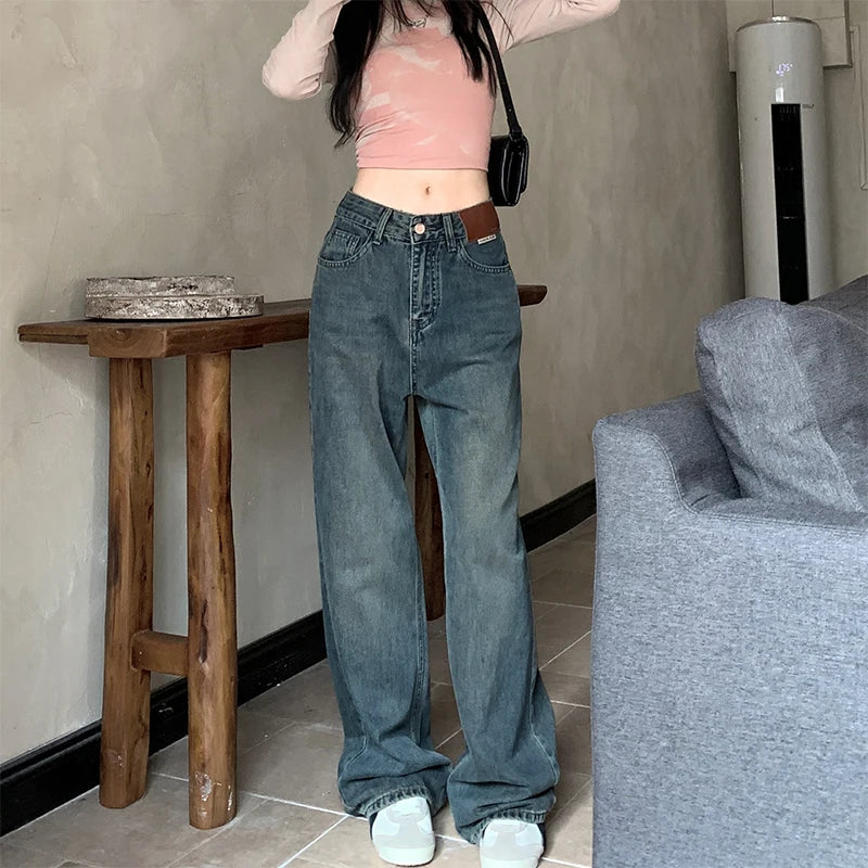 2024 Retro Jeans für Damen mit weitem Bein, lässige Jeanshose mit lockerer Passform
