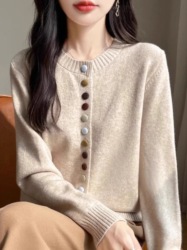 Womens Chunky Knit Cardigan Button Front Crew Neck Sweater Winter