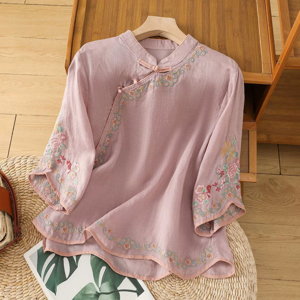 Womens Vintage Embroidered Top Cotton Linen Loose Summer Shirt