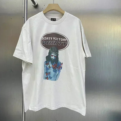 25SS Vintage Grey Saint T-Shirt Streetwear Character Logo Print Cotton