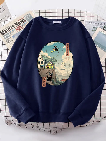 Ukiyoe Kiki's Delivery Service Print Sweatshirt Damen Rundhalspullover Herbst Casual Fleece