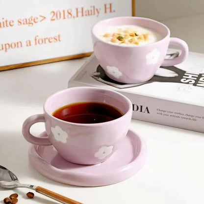 250ml Ceramic Mug Japanese Retro Hand-Painted Purple Small Flower Cups with Saucers