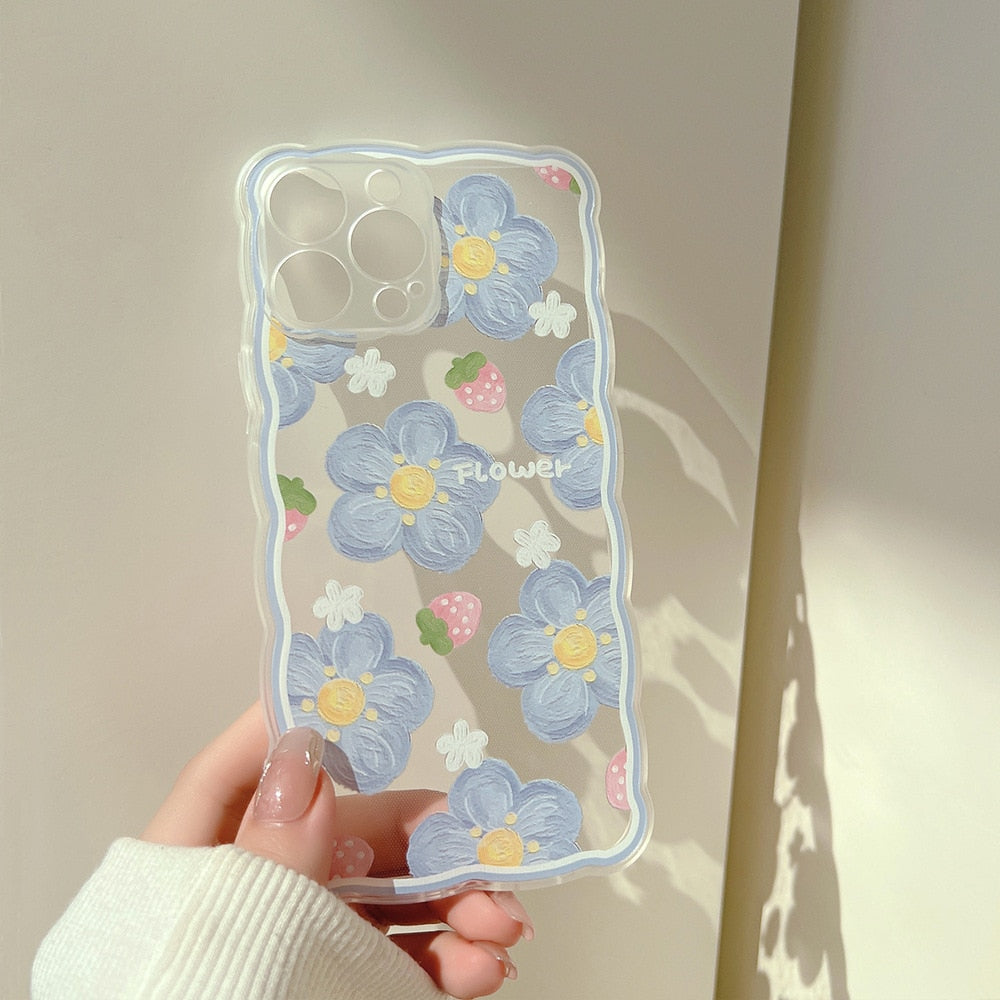 Fashion Art Blue Flower Strawberry Cute Phone Case For iPhone Silicone Soft