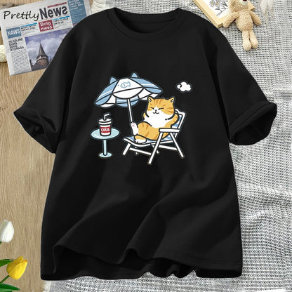 Damen Streetwear T-Shirt mit süßer Katzengrafik