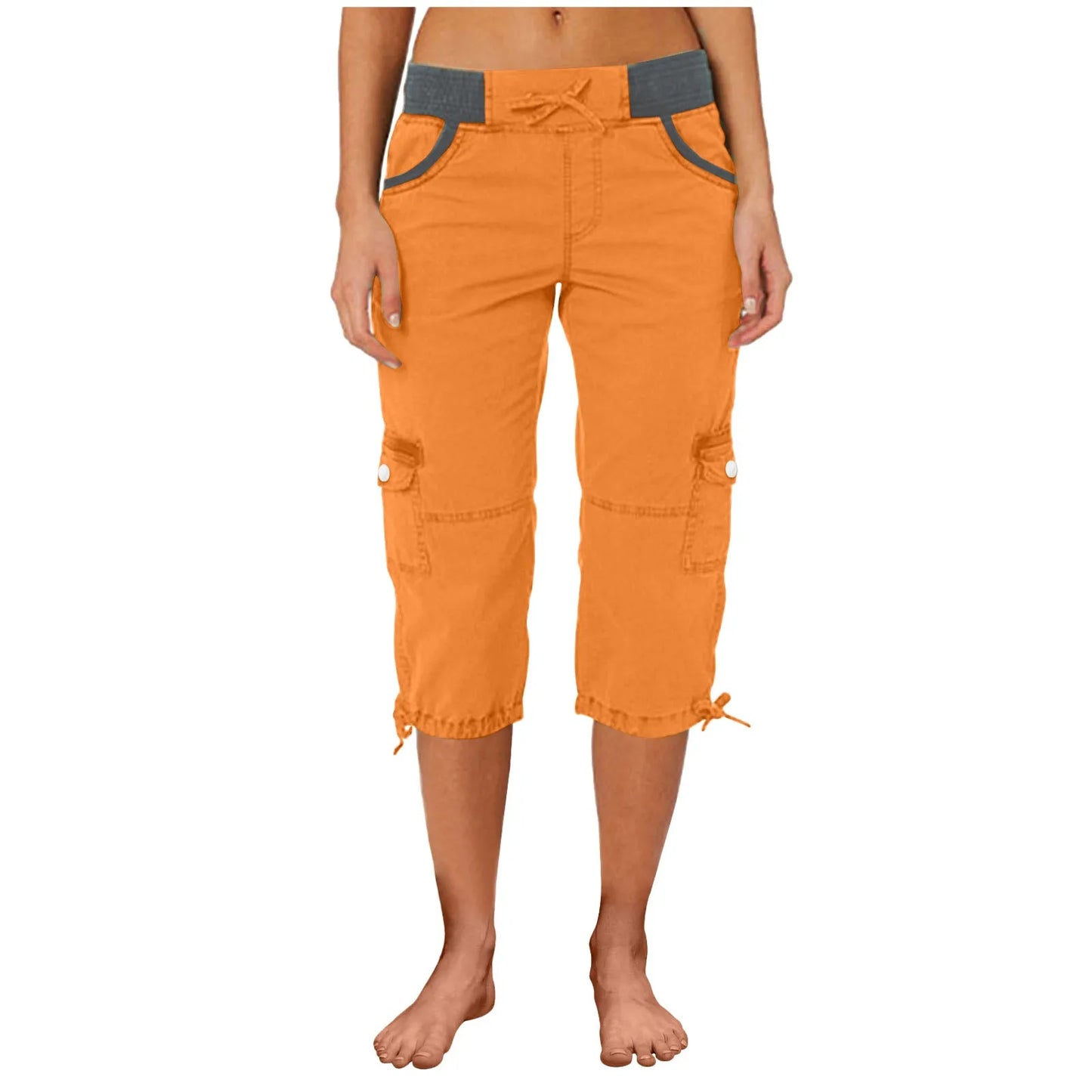 Women Cargo Capris Summer Soild Casual Pants With Pocket Drawstring