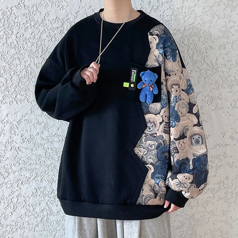 Bear Vibes Y2K Streetwear Kontrastfarbe Herren Sweatshirt Harajuku Übergroßer Stil