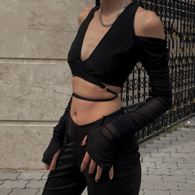 Gothic Mesh Crop Top Deep V Neck Y2K Streetwear Tee