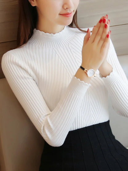 Autumn Women Mock Neck Ruffles Sweater Long Sleeve Knitted